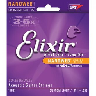 Elixir 11027 Nanoweb 80/20 Bronze Acoustic Guitar 6-String Set Custom Light 11-52