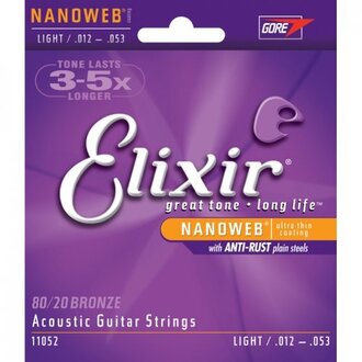Elixir 11052 Nanoweb 80/20 Bronze Acoustic Guitar 6-String Set Light 12-53