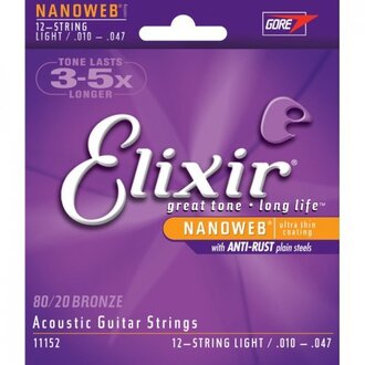 Elixir 11152 Nanoweb 80/20 Bronze Acoustic Guitar 12-String Set Light 10-47