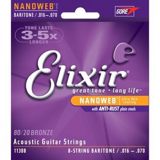 Elixir 11308 Nanoweb 80/20 Bronze Acoustic Guitar 8-String Set Baritone 16-70