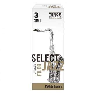 Rico Select Jazz Tenor Sax Reeds, Filed, Strength 3 Strength Soft, 5-pack