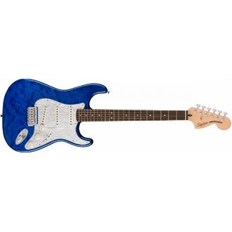 Squier FSR Affinity Series Sapphire Blue Transparent Stratocaster, Quilted Maple Top, Laurel Fingerboard, White Pearloid Pickguard