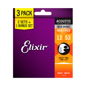 Elixir 16539 Nanoweb 80/20 Acoustic Guitar 6-String Set 12-53 3 Pack Light