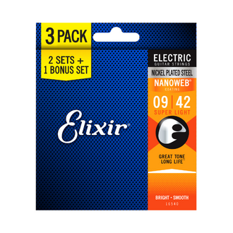 Elixir 16540 Nanoweb Electric Guitar 6-String Set 9-42 3 Pack Super Light