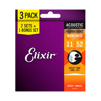 Elixir 16544 Nanoweb Phosphor Bronze Acoustic Guitar 6-String Set 11-52 3 Pack Custom Light