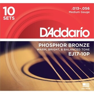 D'Addario EJ17-10P Phosphor Bronze Acoustic Guitar Strings, Medium, 13-56, 10 Set Value Pack