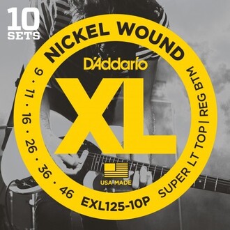 D'Addario EXL125-10P Nickel Wound Electric Guitar Strings, Super Light Top/ Regular Bottom, 9-46, 10 Set Value Pack