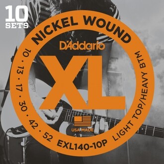 D'Addario EXL140-10P Nickel Wound Electric Guitar Strings, Light Top/Heavy Bottom, 10-52, 10 Set Value Pack