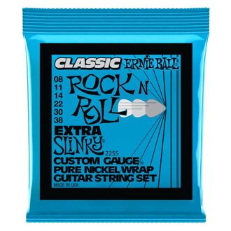 Ernie Ball 2255 Extra Slinky Classic Rock n Roll Pure Nickel Wrap Electric Guitar Strings 8-38 Gauge