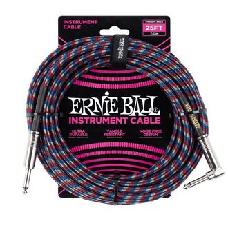 Ernie Ball 7.5 Meter Braided Straight / Angle Instrument Cable, Black / Red / Blue / White