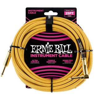 Ernie Ball 7.5 Meter Braided Straight / Angle Instrument Cable, Gold / Gold