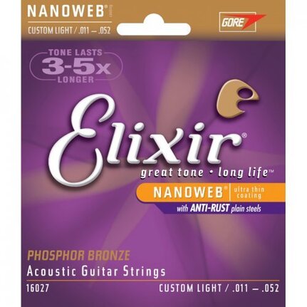 Elixir 16027 Nanoweb Phosphor Bronze Acoustic Guitar 6-String Set Custom Light 11-52
