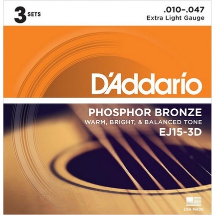 D'Addario EJ15-3D Phosphor Bronze Acoustic Guitar Strings, Extra Light, 10-47, 3 Set Value Pack