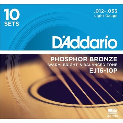 D'Addario EJ16-10P Phosphor Bronze Acoustic Guitar Strings, Light, 12-53, 10 Set Value Pack