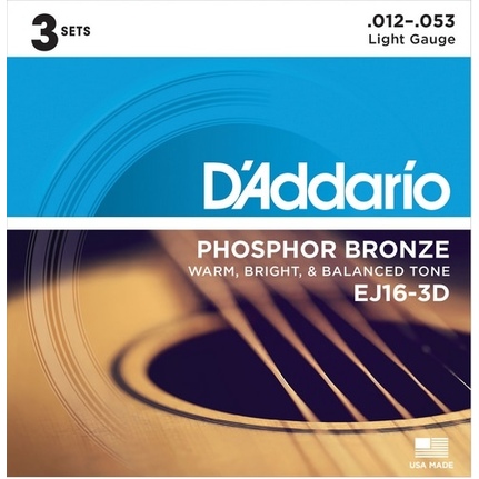 D'Addario EJ16-3D Phosphor Bronze Acoustic Guitar Strings, Light, 12-53, 3 Set Value Pack