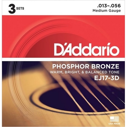 D'Addario EJ17-3D Phosphor Bronze Acoustic Guitar Strings, Medium, 13-56, 3 Set Value Pack