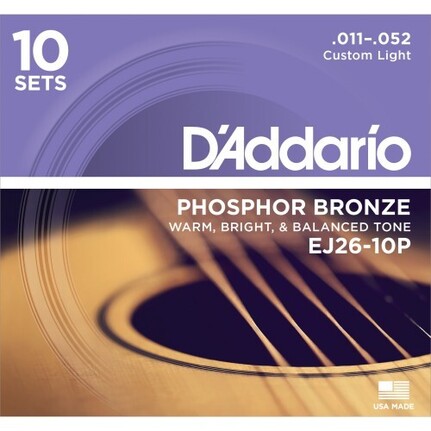 D'Addario EJ26-10P Phosphor Bronze Acoustic Guitar Strings, Custom Light, 11-52, 10 Set Value Pack