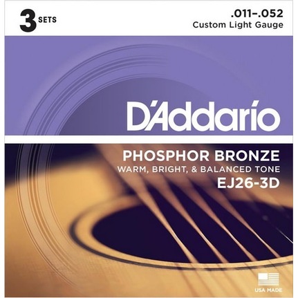 D'Addario EJ26-3D Phosphor Bronze Acoustic Guitar Strings, Custom Light, 11-52, 3 Set Value Pack