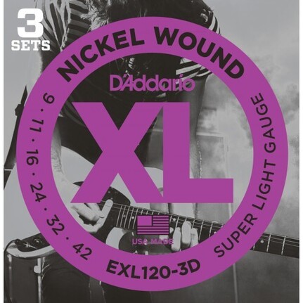 D'Addario EXL120-3D Nickel Wound Electric Guitar Strings, Super Light, 9-42, 3 Set Value Pack