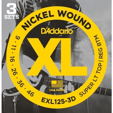 D'Addario EXL125-3D Nickel Wound Electric Guitar Strings, Super Light Top/ Regular Bottom, 9-46, 3 Set Value Pack