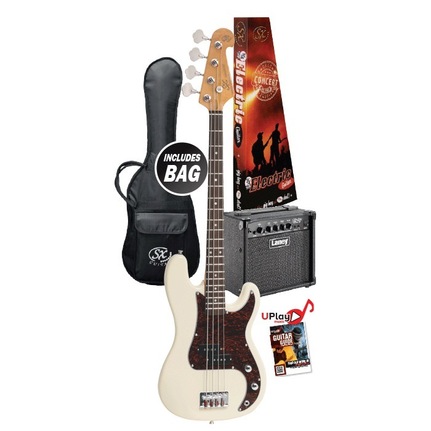 SX VEP34VWH-PK2 3/4 Size Short Scale Bass Guitar - Vintage White & Laney Amp Package